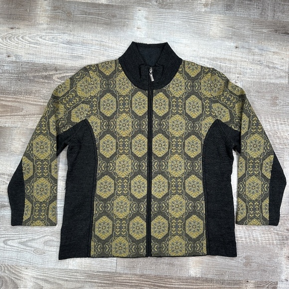 Icelandic Zip Yellow Gray Wool Blend Zip Pockets Women Knit Jacket Sweater Sz 2X - Picture 1 of 12